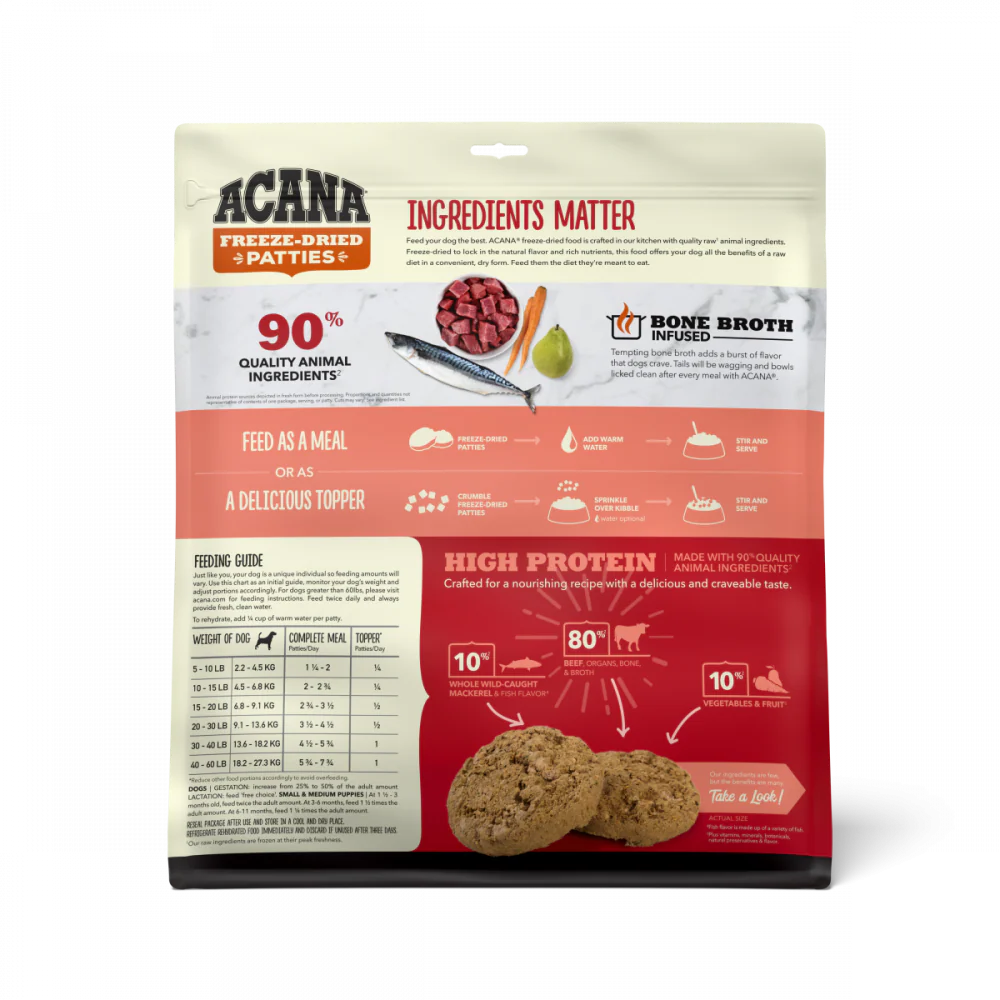 ACANA Freeze Dried Dog Food & Topper, Grain Free, High Protein,  Fresh & Raw Animal Ingredients, Ranch Raised Beef Recipe, Patties - Image 3